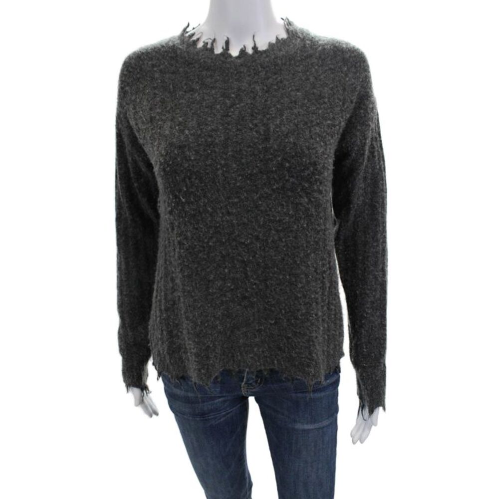 SOH Womens Long Sleeve Crew Neck Fringe Trim Sweater Gray Wool Size Petite